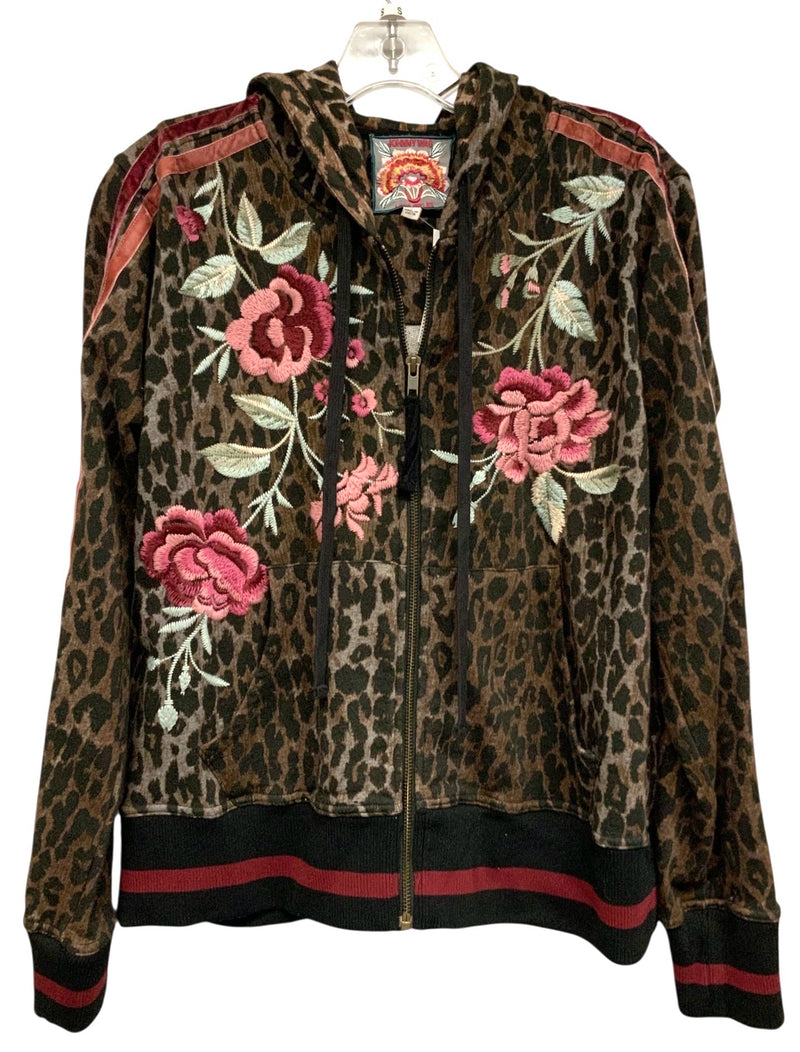 JOHNNY WAS Black Brn Red Leopard Floral Embroidered Erin Zip Hoodie Jacket