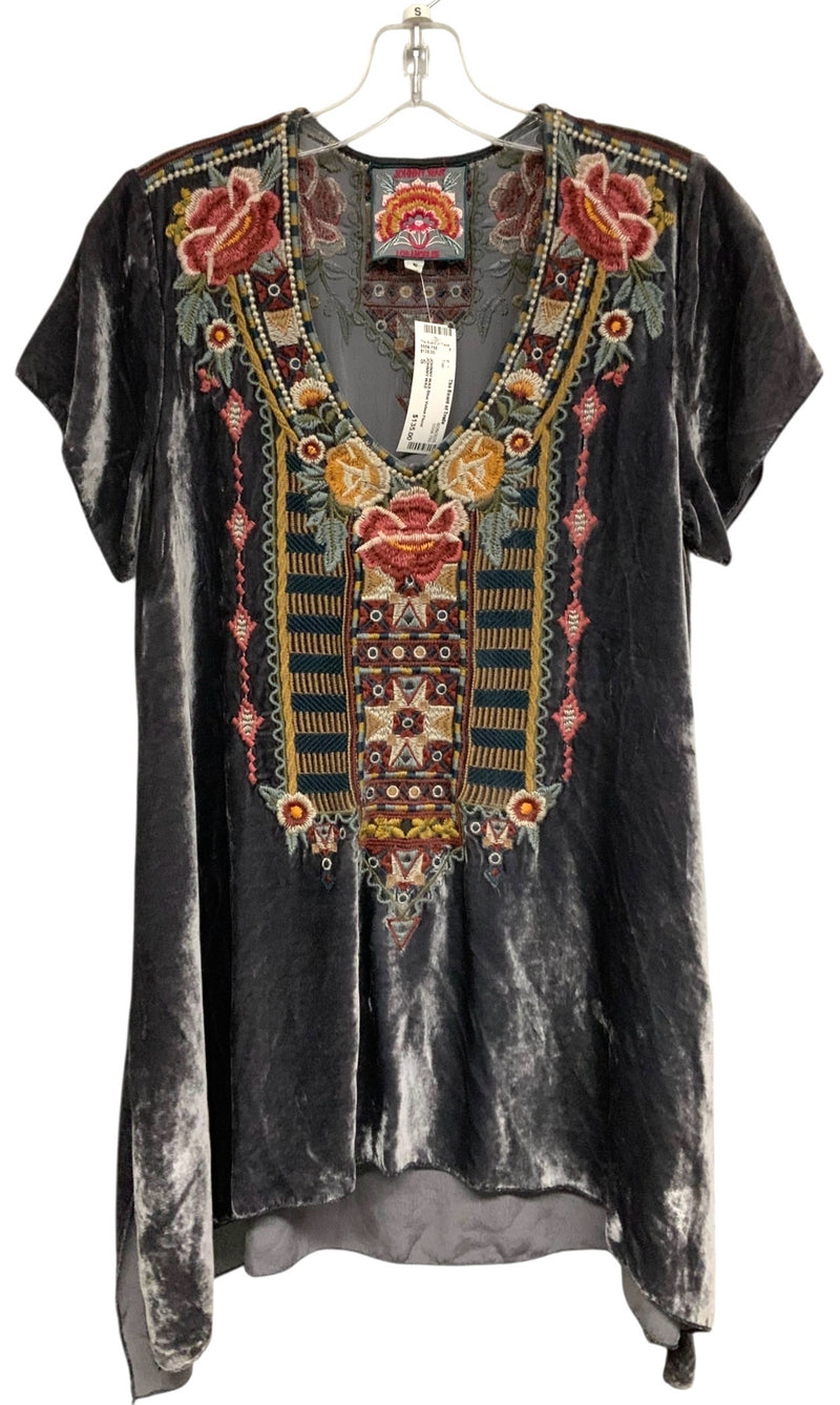 JOHNNY WAS Blue Velvet Floral Embroidered V Neck S/S Top