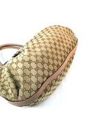 GUCCI Tan Leather Beige GG Canvas Gold Studded Large Scarlett Shoulder Bag