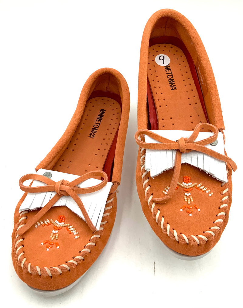 MINNETONKA Orange White Suede Fringe Beaded Moccasins 9