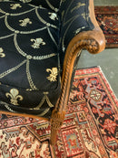 Carved Wood Armchair with Fleur di Lis Upholstery