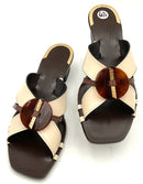 TORY BURCH Cream Brown Leather Artisanal Knot Heeled Mule Sandals 6.5