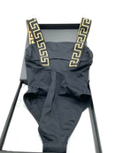 VERSACE Black Lycra Gold Greek Key Strap One Piece Swim Suit