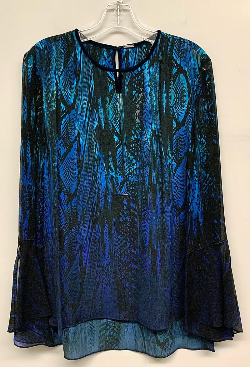 E TAHARI Royal Blue/Teal/Black Abstract Bell Sheer Sleeve Silk Top