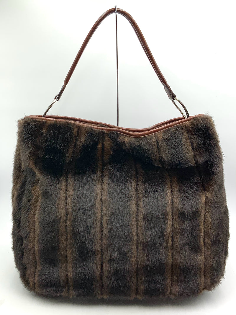 GLENDA GIES Brown Leather Faux Fur Paneled Large Shoulder Bag