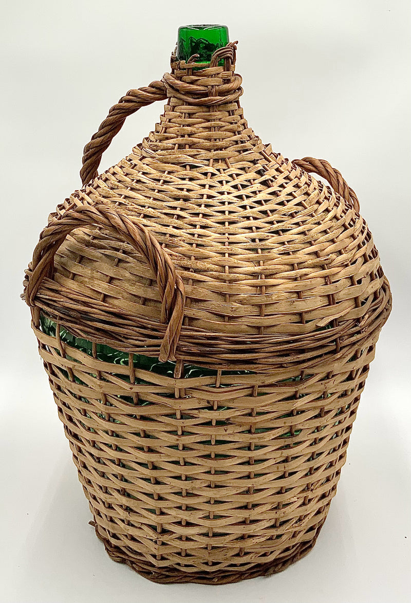 Green Glass Demi John with Wicker Basket Cover