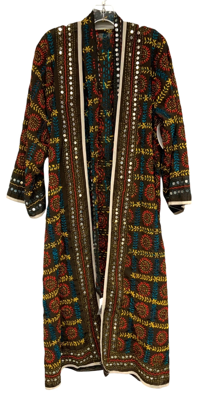 Brown Multi Embroidered Silk Mirrored Sequin Belted Duster Jacket