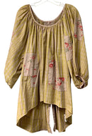 MAGNOLIA PEARL Chartreuse/Tan Stripe w/Floral Applique Patchwork Hi/Lo Tunic