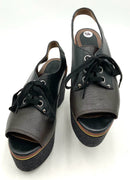 MARNI Brown/Black Leather Brown/Yellow Strip Flannel Lace up Wedge Platforms 36