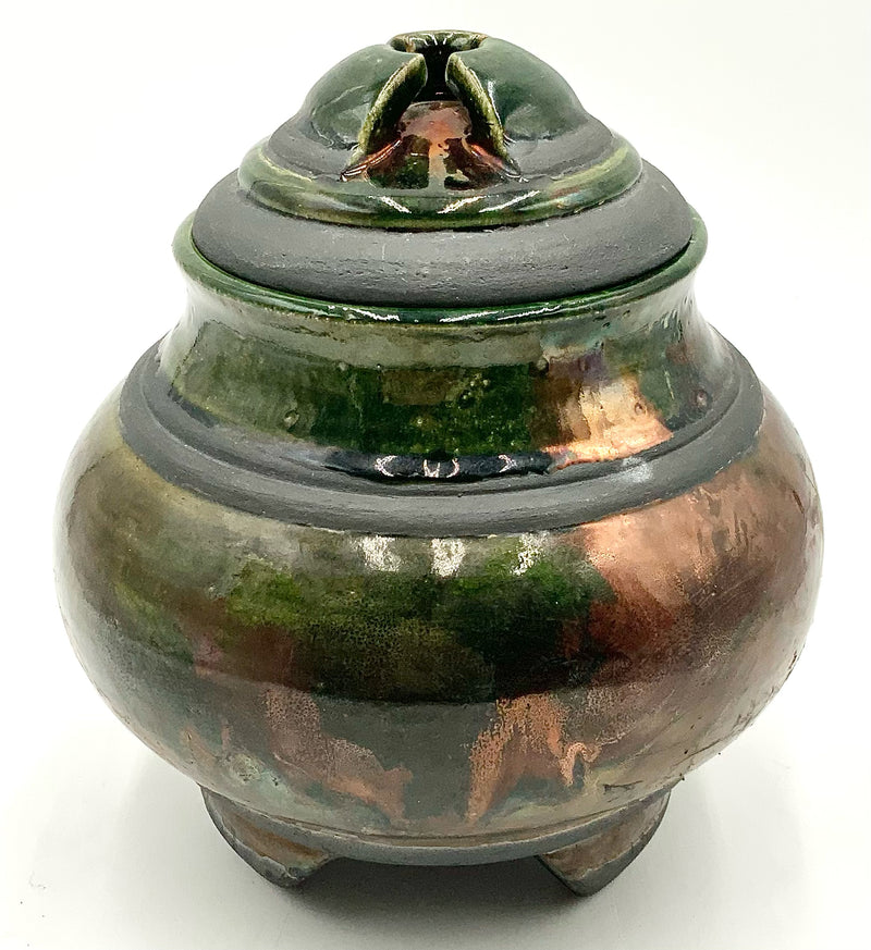 Handmade Pottery Lidded Pot with Green & Metallic Glaze