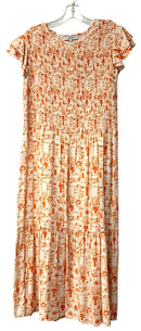 TAYLOR TILMAN Orange/White Cityscape Smocked Bodice Flutter Sleeve Midi Dress