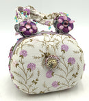 MARY FRANCES Vintage Ivory Fabric Purple Bead Green Crochet Embellished Bag