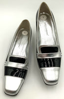 DOLCE & GABBANA Black Patent Silver Leather Cap Toe Low Heel Pumps 37