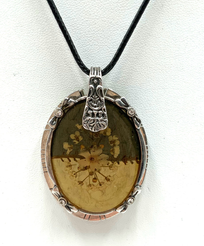 Sterling, Gold Plated Metal, CZ &  Pressed Flowers Necklace