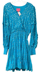 LILLY PULITZER Blue/Metallic Dot V-Neck Smocked Waist L/S "Heline" Dress