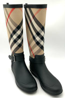 BURBERRY Black Rubber Nova Check Buckle Tall Rain Boots 37
