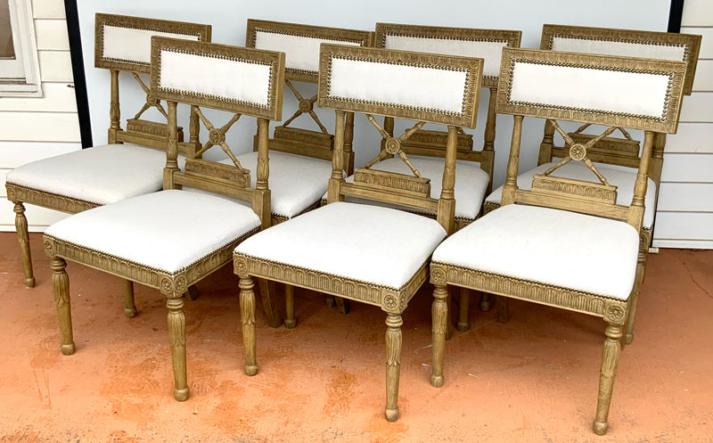 Set/7 Carved Dining Chairs with White Linen Upholstery