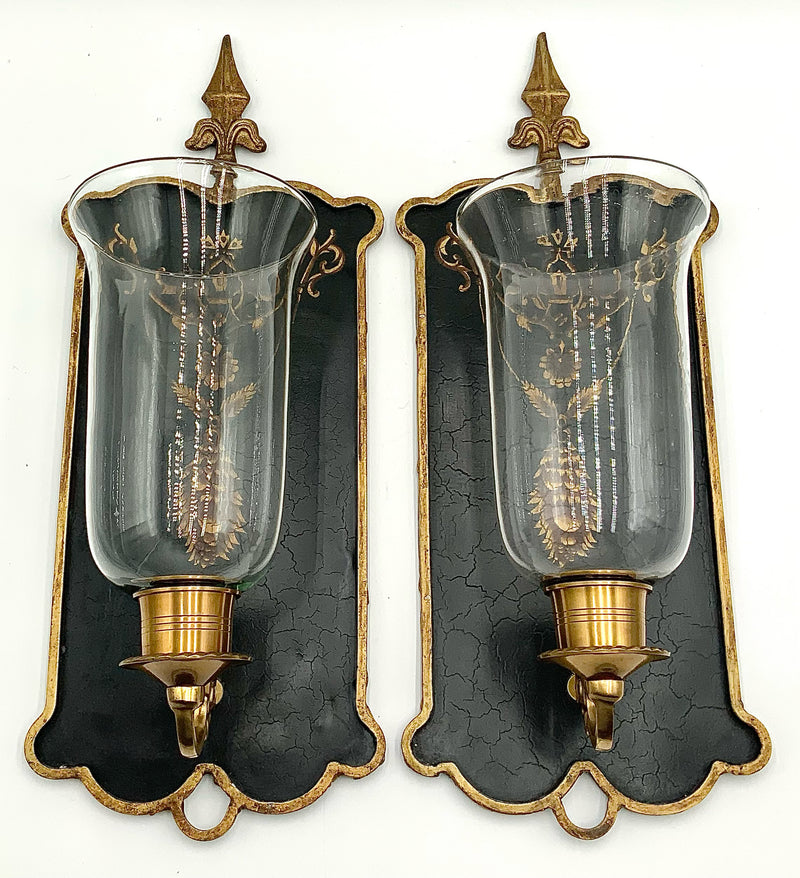 Pair of French Style Black Gold Toile Hurricane Sconces