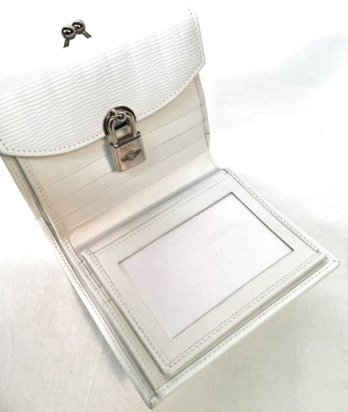 FERRAGAMO White Pebbled Calf Lea Lock Closure French Wallet