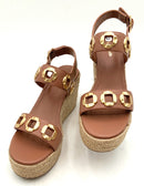 LARROUDE Luggage Tan Leather Goldtone Milan Esapdrille Wedge Sandals 6