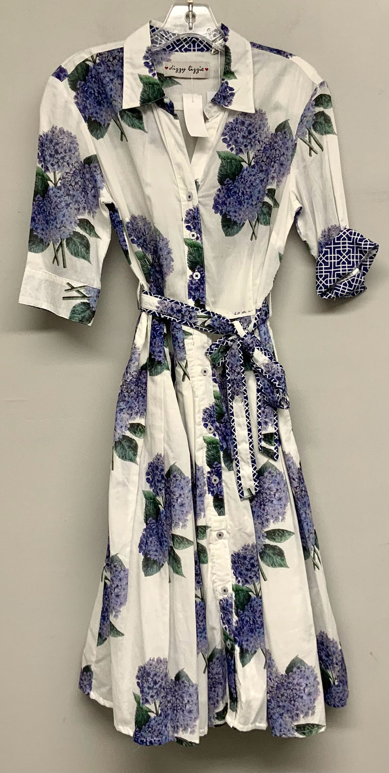 DIZZY LIZZIE White/Purple Hydrangea Print S/S B/D Belted Dress