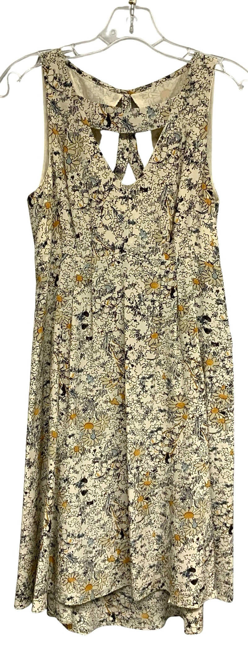 MOULINETTE SOEURS Ivory/Yellow/Black Floral Keyhole Neck S/L Silk Dress
