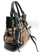 BURBERRY Black  Leather Tan Check Buckles Satchel