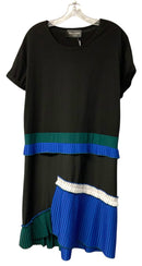 STELLA MARINA Black/White/Green/Blue Pleated Ruffle S/S Dress