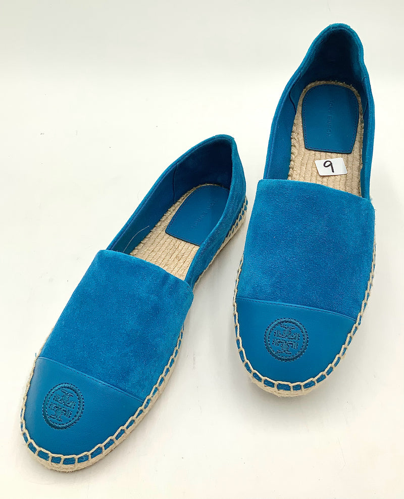 TORY BURCH Blue Gentian Suede & Leather Cap Toe Espadrille Flats 9