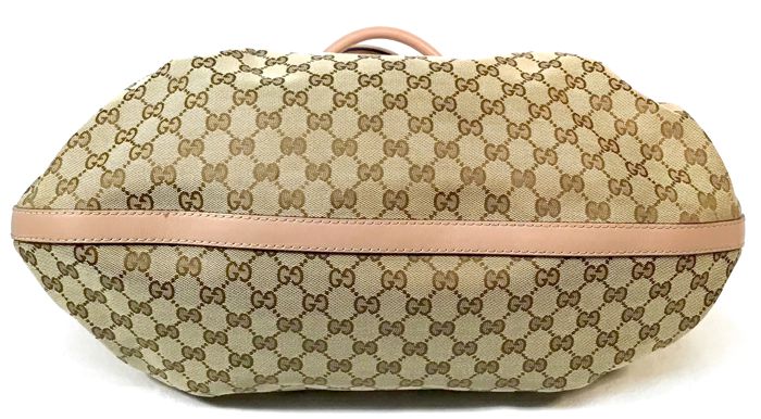 GUCCI Tan Leather Beige GG Canvas Gold Studded Large Scarlett Shoulder Bag