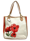 COACH Vintage Tan Poppy Leather Cream Canvas Poppy Flower Applique Tote Bag