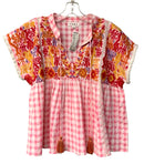 THML Pink/White Check W/Multi Embroid Sleeve Tassel Tie Top