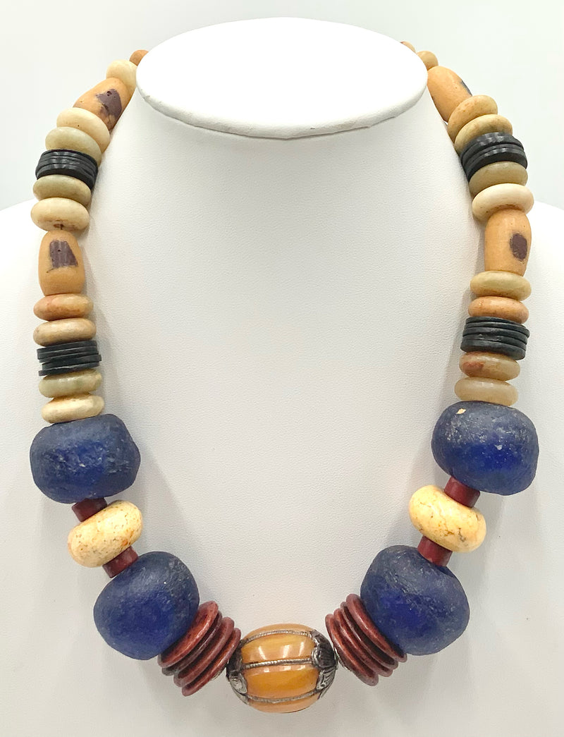 Tribal Brass, Glass & Jasper Multi-Bead Necklace