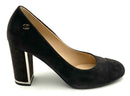 CHANEL Brown Suede Silver CC Block Heel Pumps 37.5