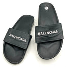 Balenciaga Black Leather White Script Slide Sandals 41 AS IS