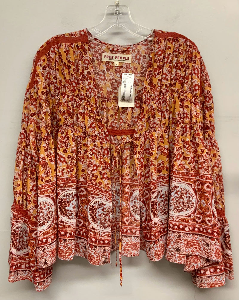 FREE PEOPLE Red/Mustard Combo Tie Front L/S Top