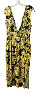 HUTCH Navy Gold Palm Print Faux Wrap Ruched Shoulder Dress