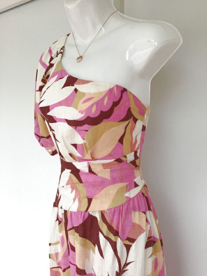 MINKPINK Pink Wht Rust Tan Floral One Shlder Kali Dress