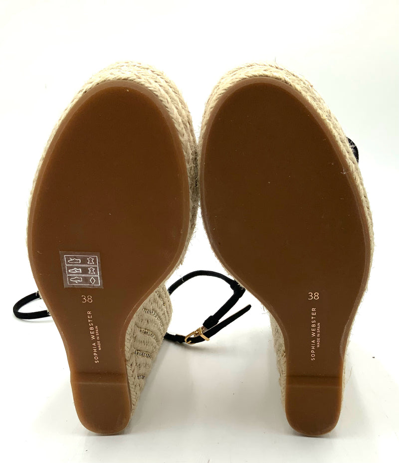 SOPHIA WEBSTER Black Suede Crystal Inset Espadrille Alina Wedge Sandals 38