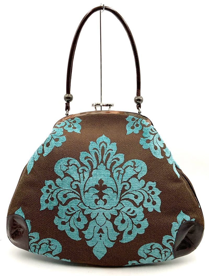 GLENDA GIES Brown Leather w/ Brown Turquoise Tapestry Fabric Kisslock Satchel