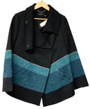 KAREN MILLEN Black Teal  Wool Panel Accent Convertible Collar Coat