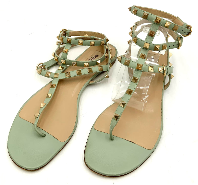 VALENTINO Garavani Mint Green Leather Rockstud Ankle Wrap Flat Sandals sz 40