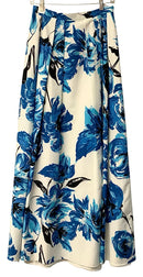 CARMEN MARC VALVO White/Blue/Black Floral Pleated Maxi Skirt