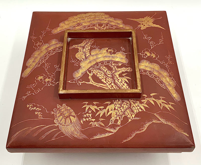 Asian Square Red Lacquer Lidded Box