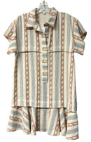 HUNTER BELL NYC Beige Linen Blend Blue Peach Stripe Pattern Drop Waist S/S Dress