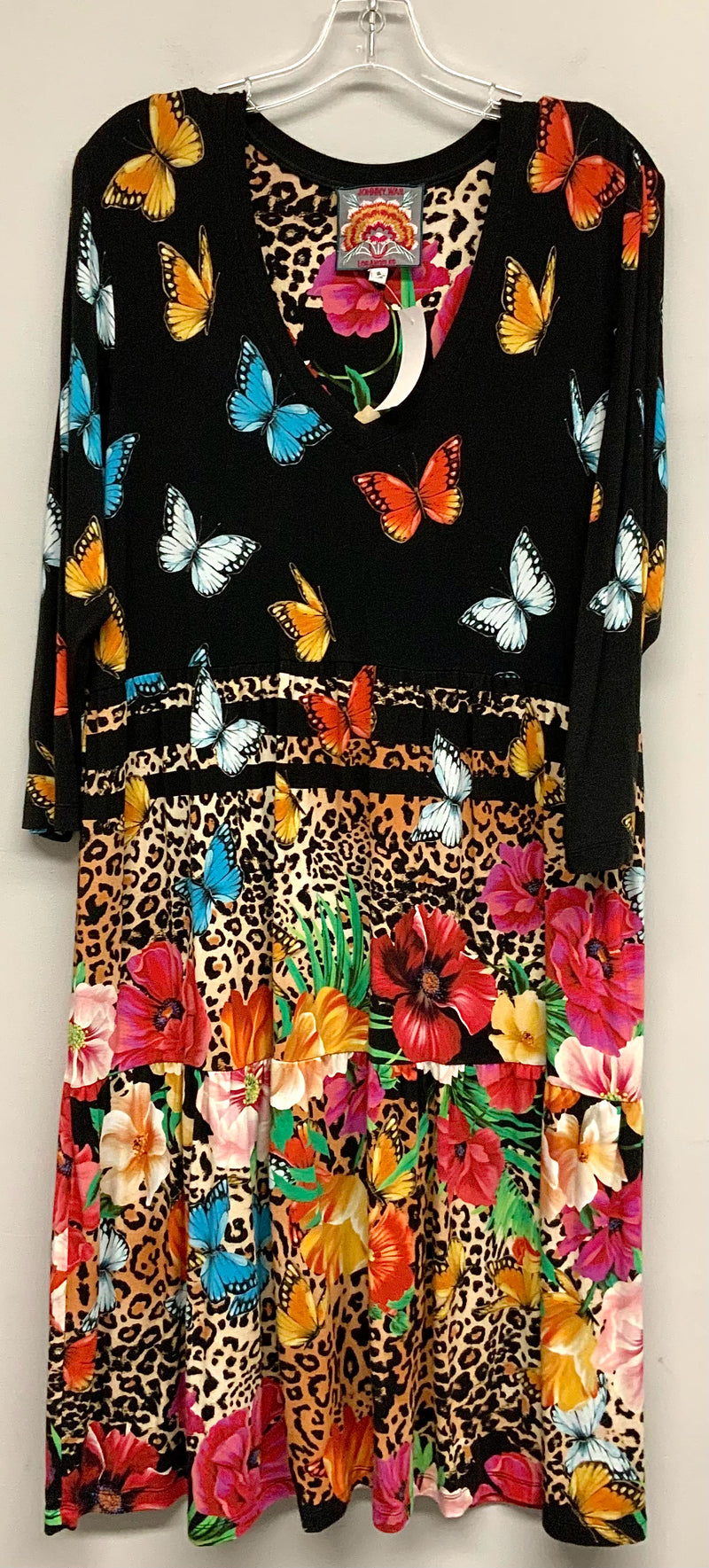 JOHNNY WAS Black Multi Butterfly Leopard V Neck 3/4 Slv Dress