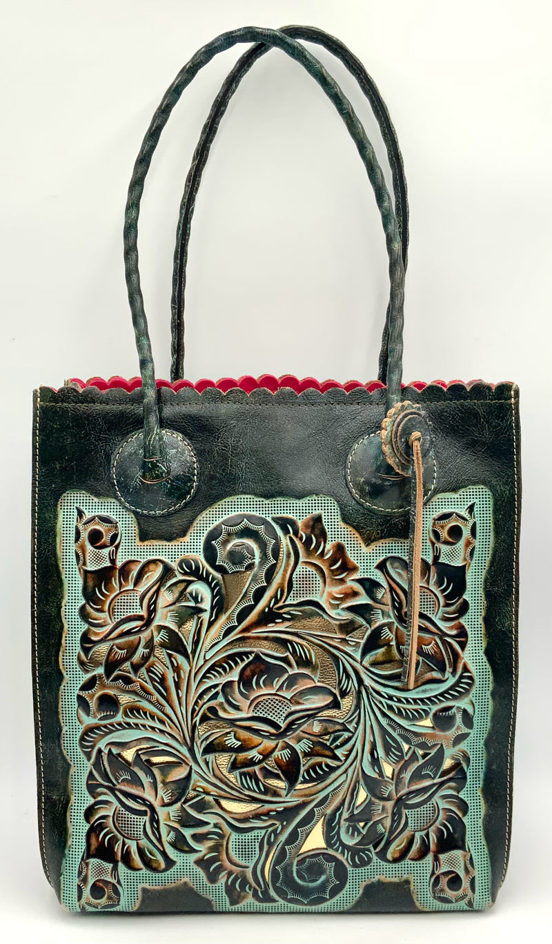 PATRICIA NASH Teal Sage Brown Gold Tooled Leather Cavo Tote