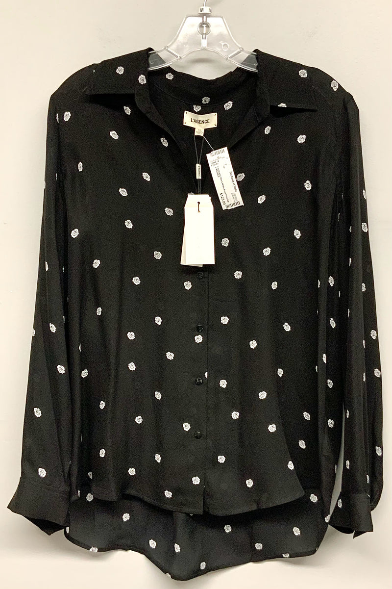 L'AGENCE Black White Rose Print Silk B/D L/S Top