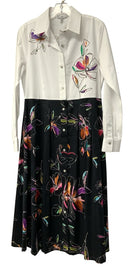 HINSON WU White/Black w/Multi Floral Embroid L/S B/D Dress