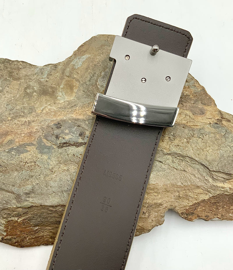 LOUIS VUITTON Mustard Suede Mini Damier Silvertone Buckle Initiales Belt 90cm